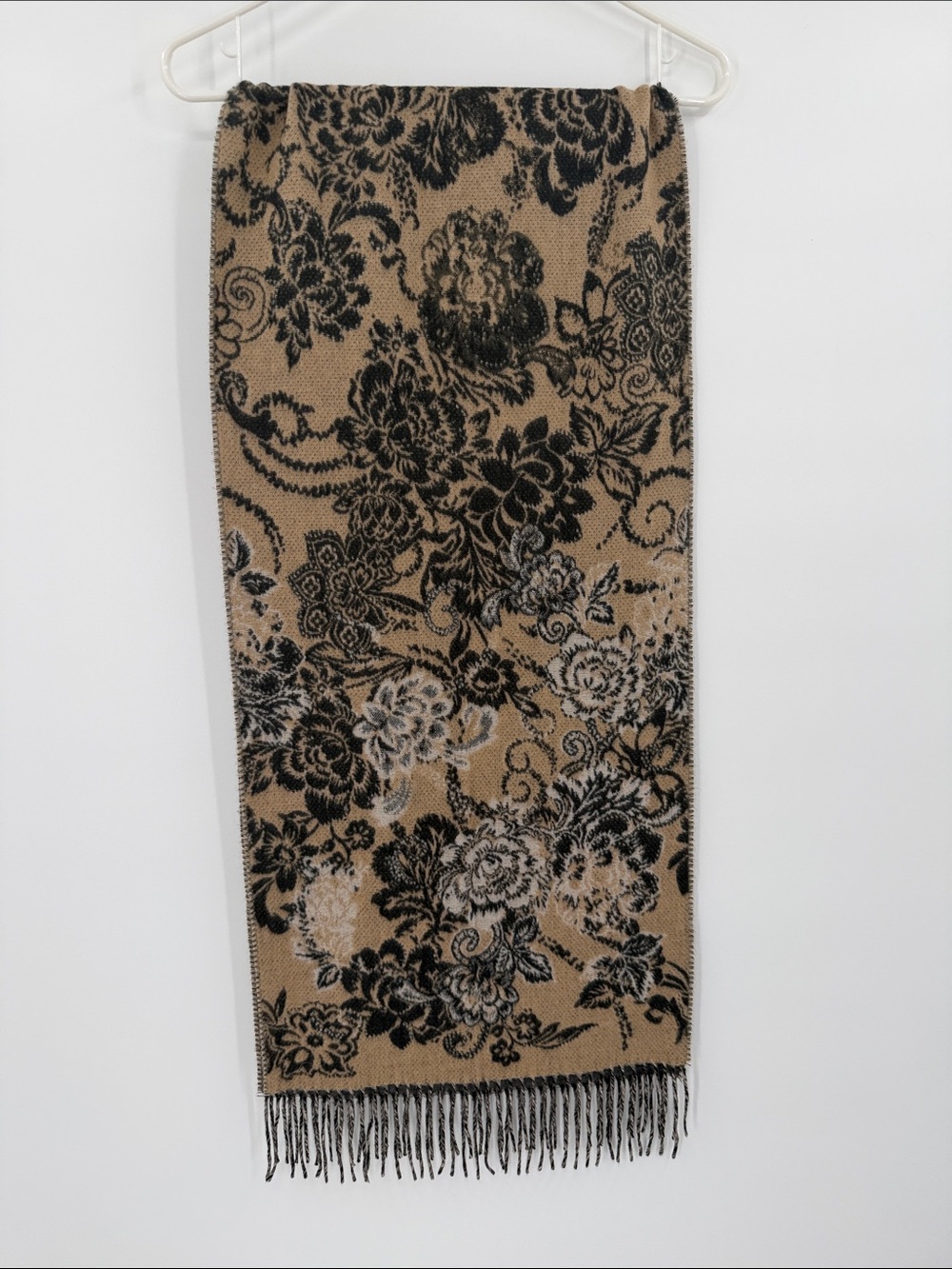 V Fraas Soft Floral Pattern Tan & Black Fringe Scarf